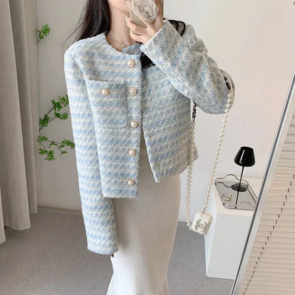 Women's Blue Plaid Tweed Jacket