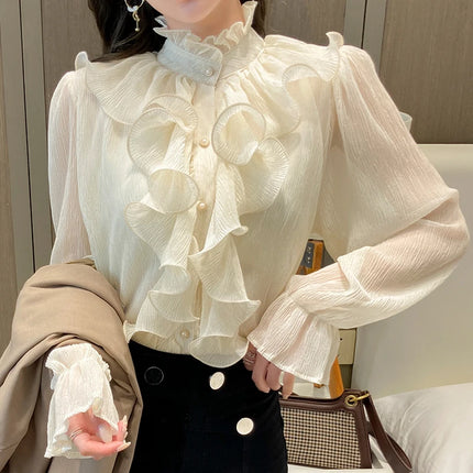 Women's White Ruffle Lace Blouse