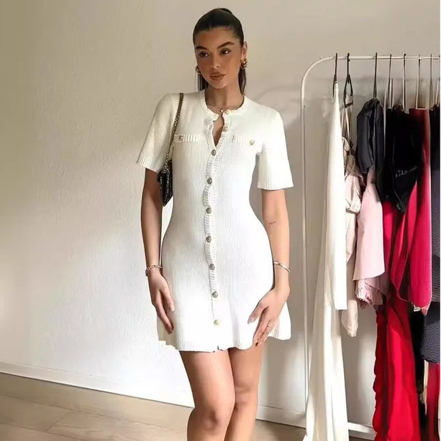 White Ribbed Knitted Mini Dress