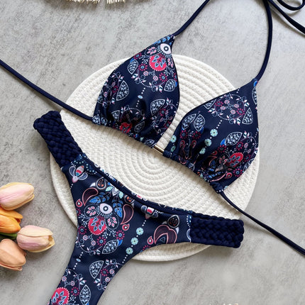 Printed Halter Mini Thong Bikini Set