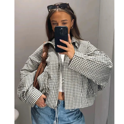 Women's Cropped Plaid Bomber Jacket