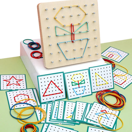 Montessori Rubber Band Pattern Board with Shape Cards for Kids