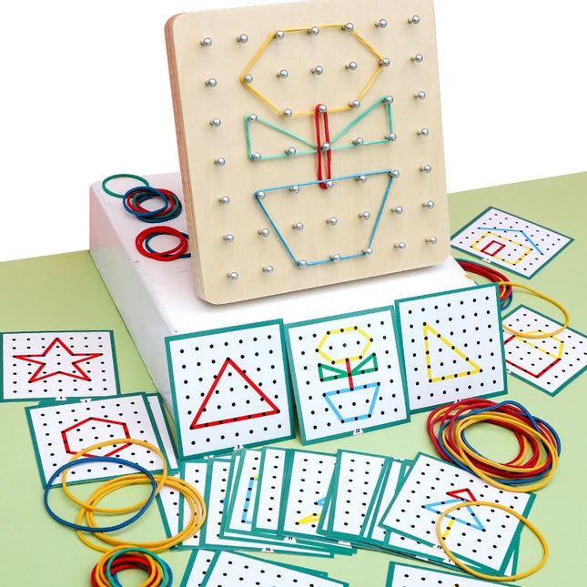 Montessori Rubber Band Pattern Board with Shape Cards for Kids