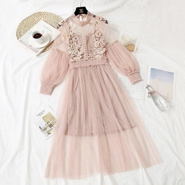 Lace Flower Mesh Two-Piece Dress