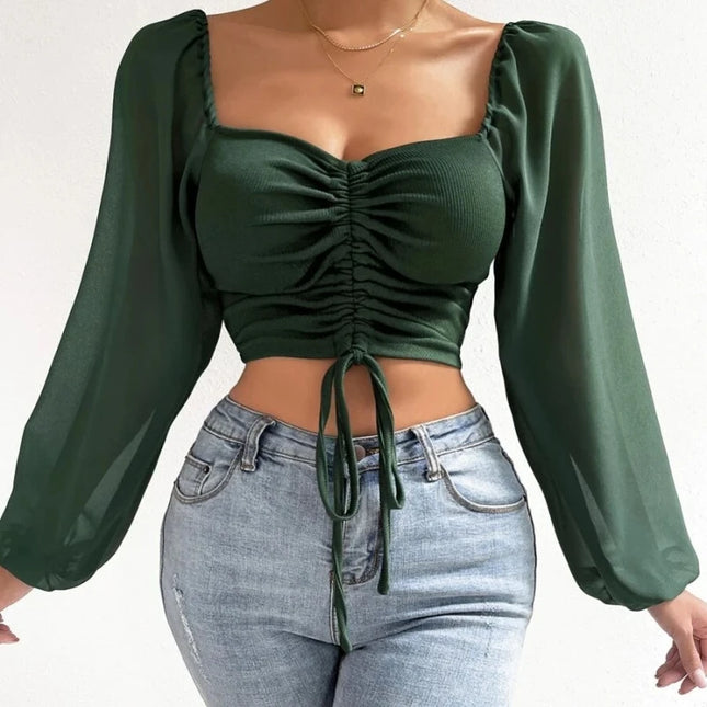 V-Neck Puff-Sleeve Fitted Top