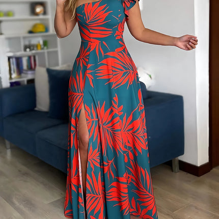 Tropical Print One-Shoulder Maxi Dress