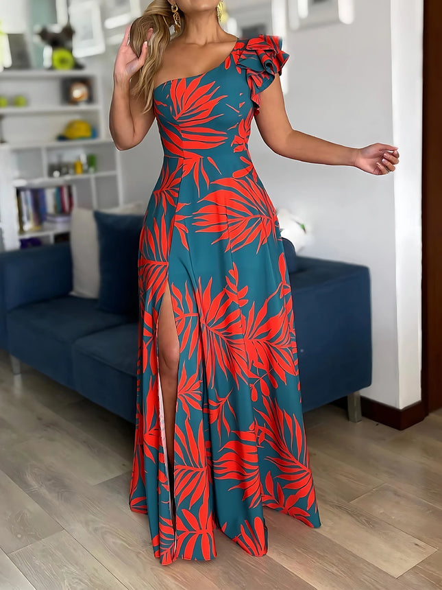 Tropical Print One-Shoulder Maxi Dress