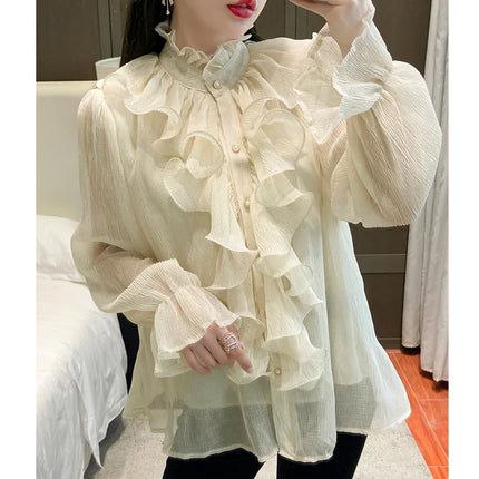 Women's White Ruffle Lace Blouse