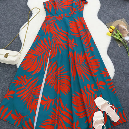 Tropical Print One-Shoulder Maxi Dress