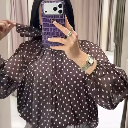 Polka Dot High-Collar Blouse