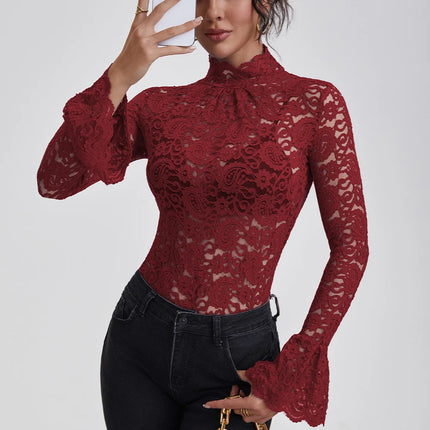 Lace Turtleneck Slim-Fit Blouse