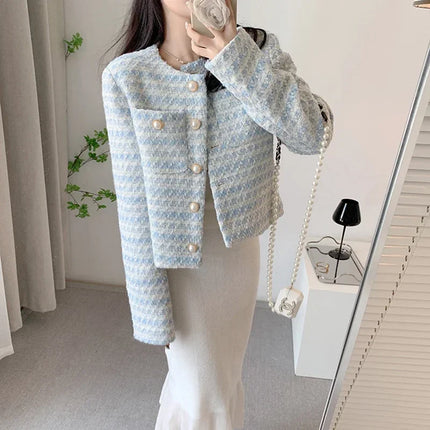 Women's Blue Plaid Tweed Jacket