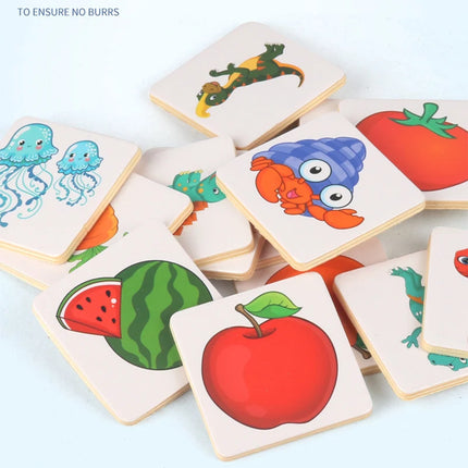 Wooden Shape Matching Puzzle with Animal and Fruit Cards
