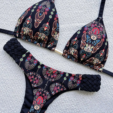 Printed Halter Mini Thong Bikini Set
