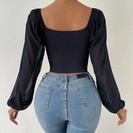 V-Neck Puff-Sleeve Fitted Top