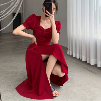 V-Neck Puff Sleeve A-Line Maxi Dress