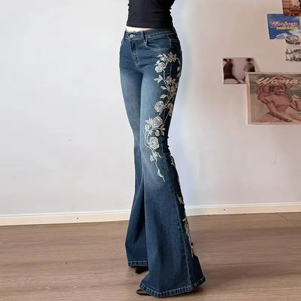 Retro Floral Embroidered Flare Jeans
