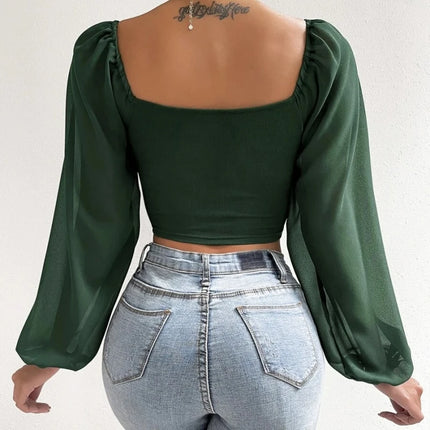 V-Neck Puff-Sleeve Fitted Top