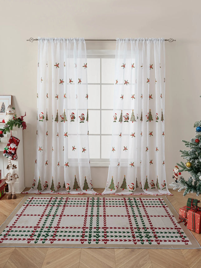 Christmas Santa Claus Embroidered Sheer Curtain