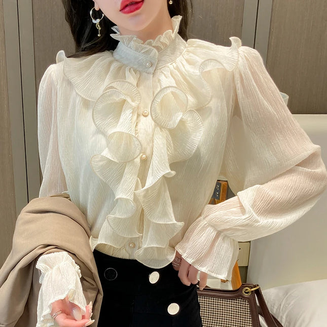 Women's White Ruffle Lace Blouse