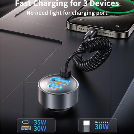 NNEDSZ CHOETECH TC0030 65W 3-Port Fast Car Charger with 3.3ft Type-C Stretchable Cable