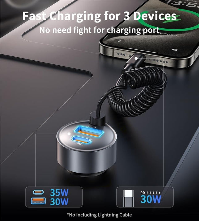 NNEDSZ CHOETECH TC0030 65W 3-Port Fast Car Charger with 3.3ft Type-C Stretchable Cable