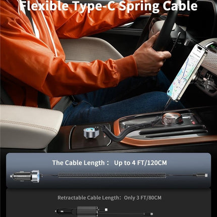 NNEDSZ CHOETECH TC0030 65W 3-Port Fast Car Charger with 3.3ft Type-C Stretchable Cable