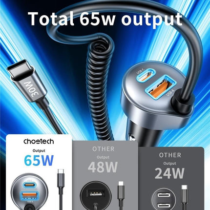 NNEDSZ CHOETECH TC0030 65W 3-Port Fast Car Charger with 3.3ft Type-C Stretchable Cable