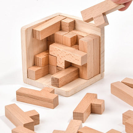 NNEDSZ Wooden Brain Teaser Puzzle - 3D Cube Puzzle Game for Adults and Kids - Natural Wood Block Puzzle (2.75 Inches)