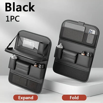NNEDSZ Black Car Seat Back Organizer with Foldable Tray, Leather Backseat Storage Bag, Multi-Pocket Vehicle Organizer