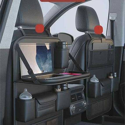 NNEDSZ Black Car Seat Back Organizer with Foldable Tray, Leather Backseat Storage Bag, Multi-Pocket Vehicle Organizer