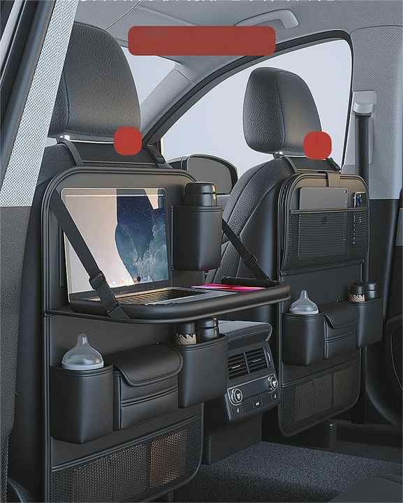 NNEDSZ Black Car Seat Back Organizer with Foldable Tray, Leather Backseat Storage Bag, Multi-Pocket Vehicle Organizer