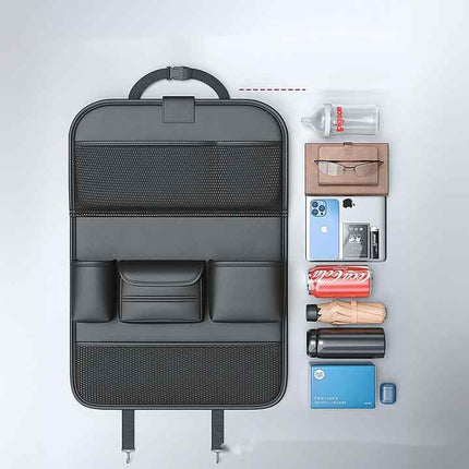 NNEDSZ Black Car Seat Back Organizer with Foldable Tray, Leather Backseat Storage Bag, Multi-Pocket Vehicle Organizer