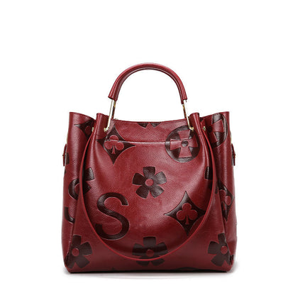 NNEDSZ Dark Red Elegant Embossed PU Leather Tote Bag for Women - Large Capacity Handbag with Inner Pouch