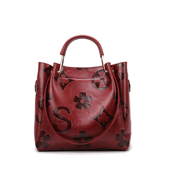 NNEDSZ Dark Red Elegant Embossed PU Leather Tote Bag for Women - Large Capacity Handbag with Inner Pouch