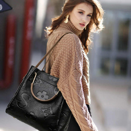 NNEDSZ Dark Red Elegant Embossed PU Leather Tote Bag for Women - Large Capacity Handbag with Inner Pouch