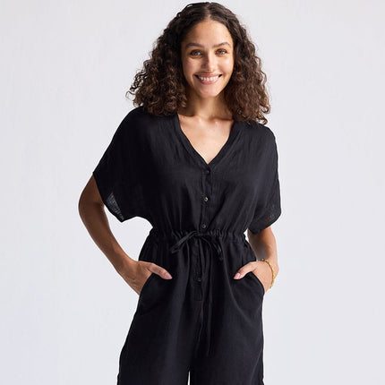 Black Drawstring V-Neck Summer Romper