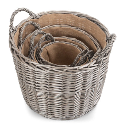 Round Antique Wash Finish Wicker Lined Wicker Log Basket