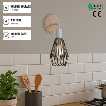 Caged Wall Sconce Lamp Lighting White Wooden Metal E27 Lamp ~6093