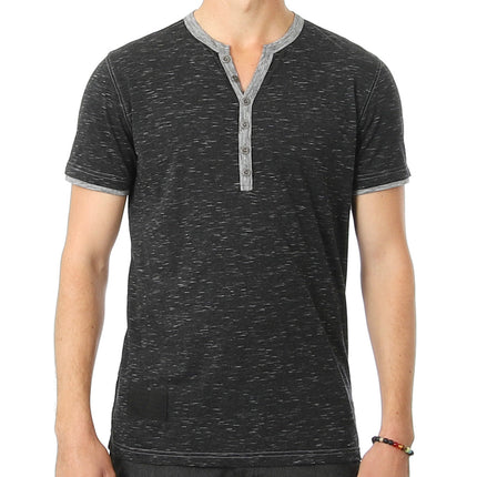 Short Sleeve Y Neck Henley Button T-Shirts-3