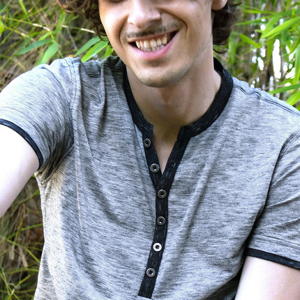 Short Sleeve Y Neck Henley Button T-Shirts-1