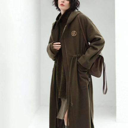 Adjustable Drawstring Brown Hooded Wool Coat Women