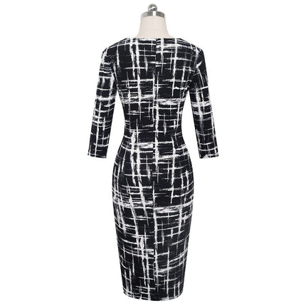 Autumn Elegant Printed Patchwork Dresses Business Bodycon Fitted Women Office Dress