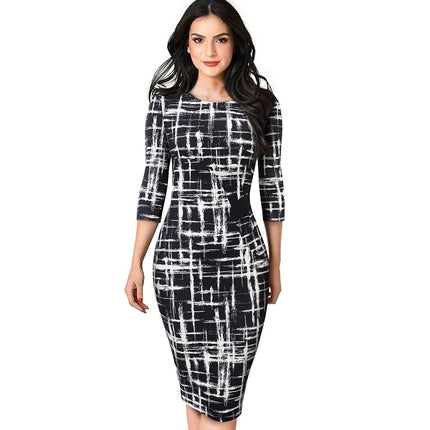 Autumn Elegant Printed Patchwork Dresses Business Bodycon Fitted Women Office Dress