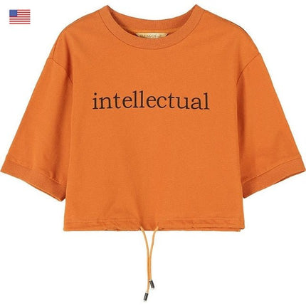 Basic Letter Print Women Crop Tops T-shirts, Autumn ELF Casual Daily Tee