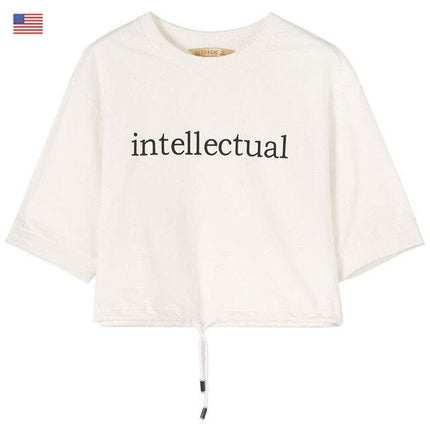 Basic Letter Print Women Crop Tops T-shirts, Autumn ELF Casual Daily Tee