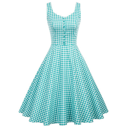 Belle Poque Cotton Dress Women Sleeveless V-Neck Buttons Grid Plaid Dresses Ladies Summer Knee Length Flare Swing A-Line Dress