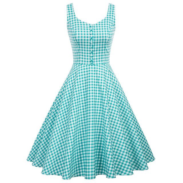 Belle Poque Cotton Dress Women Sleeveless V-Neck Buttons Grid Plaid Dresses Ladies Summer Knee Length Flare Swing A-Line Dress