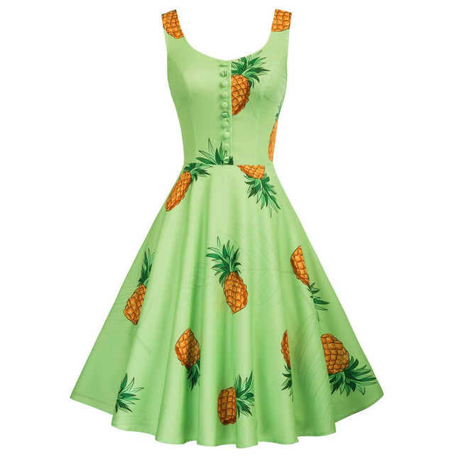 Belle Poque Women Dresses Vintage Pineapple Pattern Dress Sleeveless Buttons Decorated Print Vacation Summer A-Line Dresses New