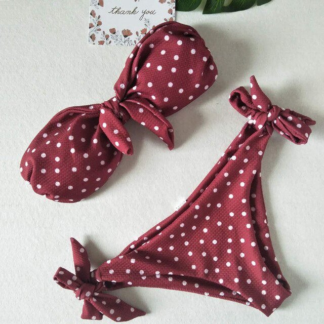 Bikinis Set Vintage Dot Print Tie Bowknot Strapless Swimwear Sexy